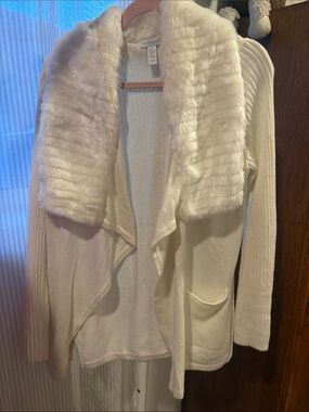 Cozy Faux-Fur Collar Open-Front Sweater Cardigan - Cream